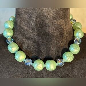 Vintage Blue Crystal AB & Mint Acrylic Beaded Necklace; 17.25”